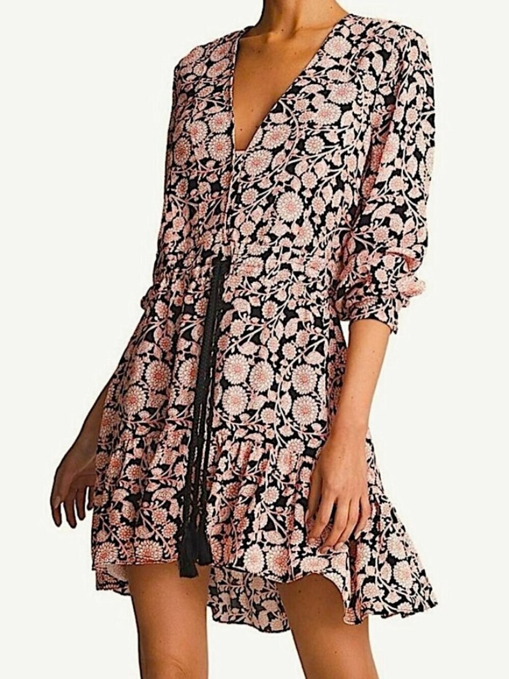 REISS January Floral Print Flip Mini Dress Belted Flared Long Sleeve Size 4 Pink